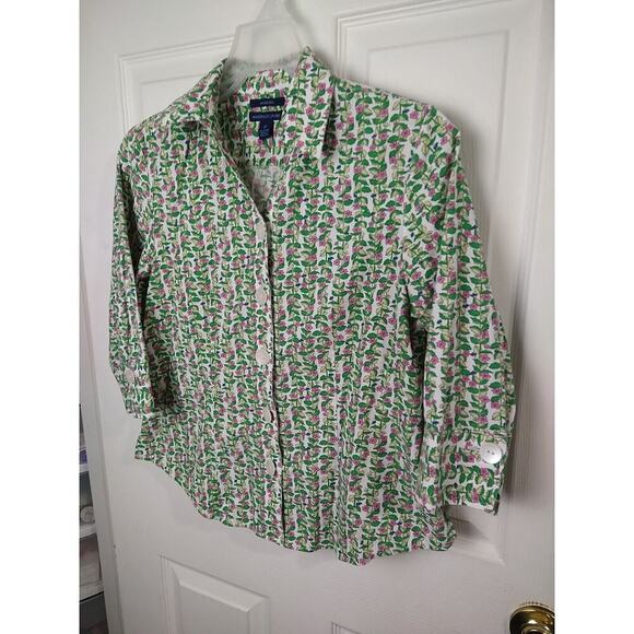Westbound Woman 6p Shirt Collared Button V Neck Green Floral 3/4 Sleeve - Picture 2 of 10
